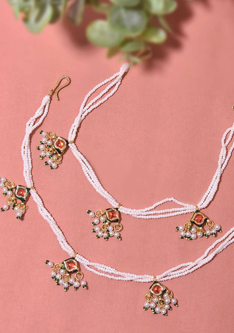 Red Gold Tone Kundan And Pearl Anklets - Indya