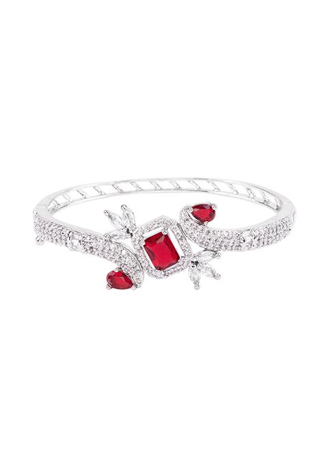 Silver Finish Zirconia And Red Stone Floral Bracelet