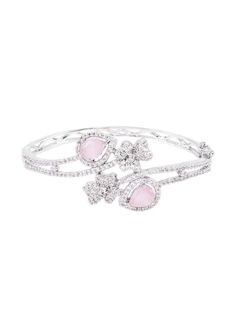 Silver Finish Zirconia And Pink Stone Floral Cuff Bracelet
