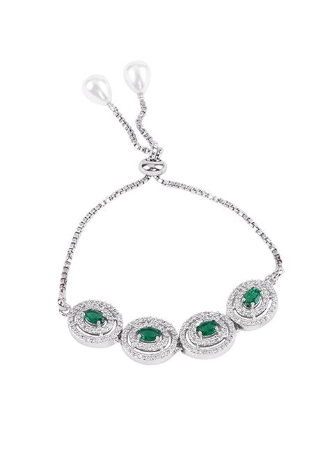 Silver Finish Zirconia And Bottle Green Stone Tie Up Bracelet