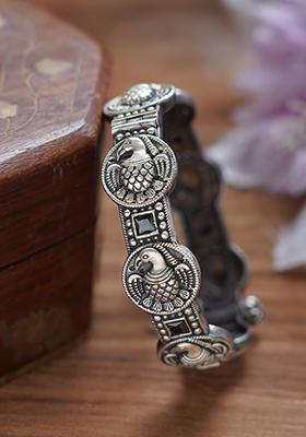 Silver Tone Peacock Motif Brass Bangle