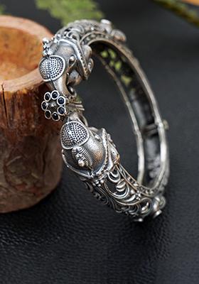 Silver Tone Floral Abstract Brass Bangle