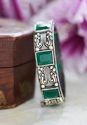 Silver Tone Dark Green Brass Bangle