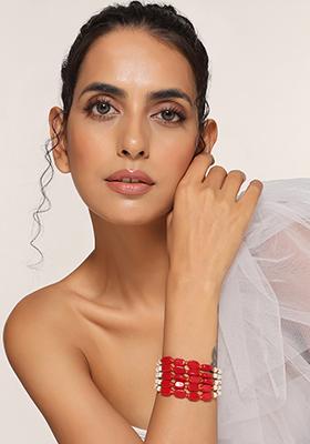 Red And White Gold Tone Pearl Bracelet