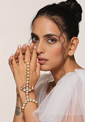 Red Gold Tone Kundan Hathphool