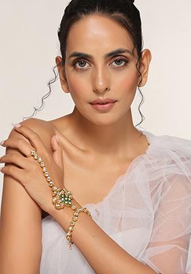 Green Gold Tone Kundan Hathphool