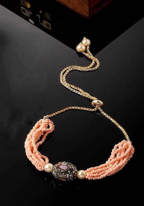 Peach And Black Pearl Adjustable Bracelet