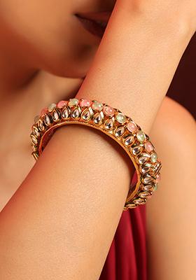 Mint Green And Pink Gold Tone Kundan Bangle
