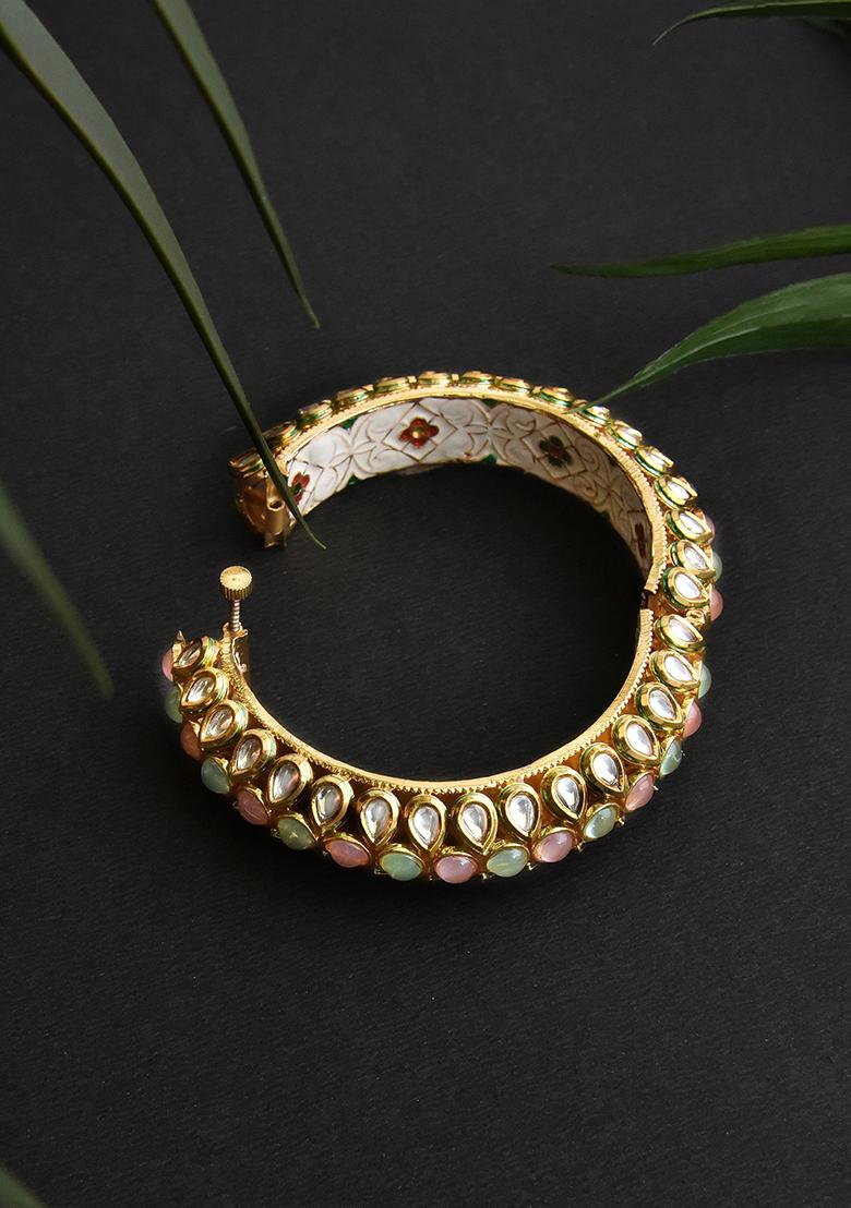 Mint Green And Pink Gold Tone Kundan Bangle - Indya