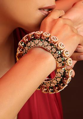Dark Green Gold Tone Kundan Bangle