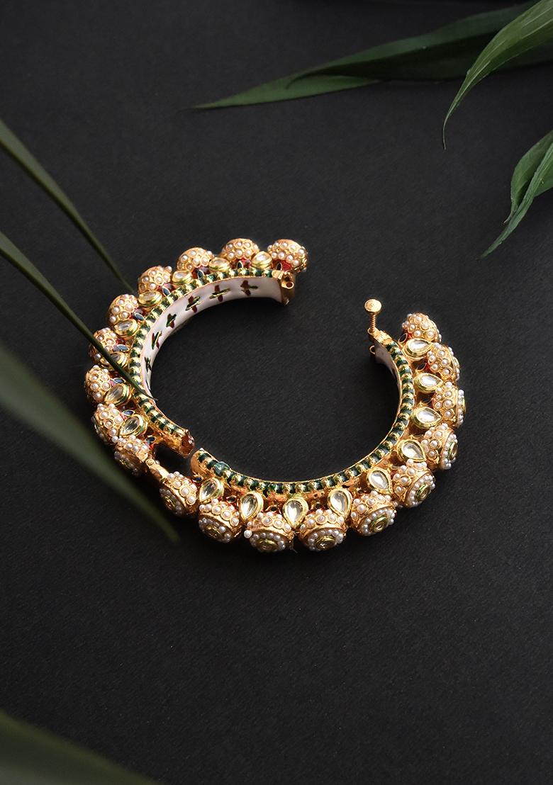 Green Gold Finish Kundan Bangle - Indya