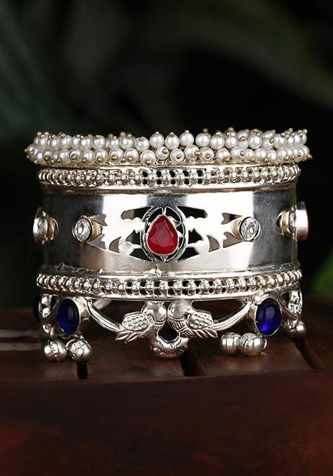 Silver Tone Multicolour Stone Bangle