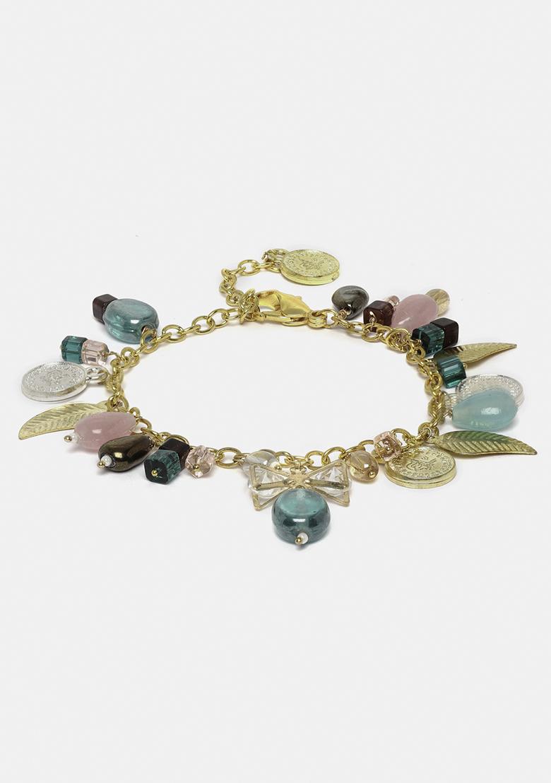 Gold Tone Green And Pink Pearl Stone Bracelet