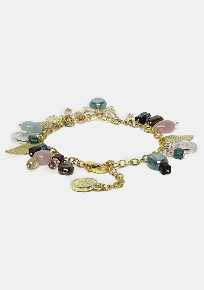 Gold Tone Green And Pink Pearl Stone Bracelet
