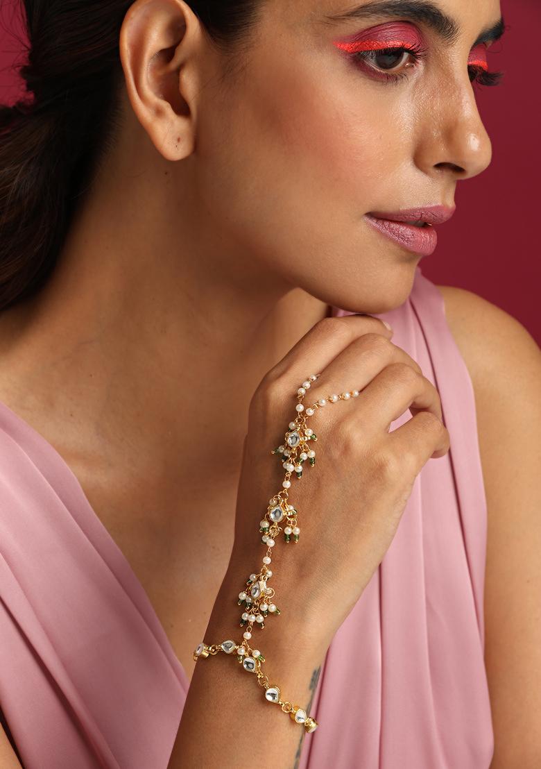 White Gold Tone Kundan Hathphool