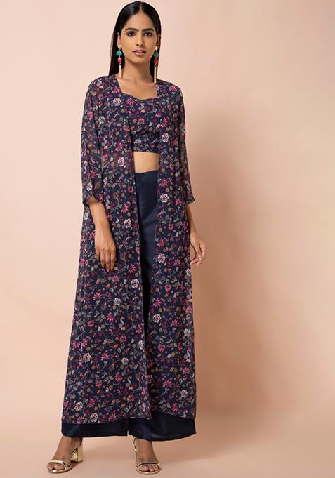 Buy Women Navy Floral Longline Jacket - RTW - Indya | Canada