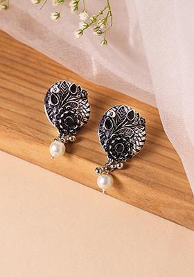 Oxidized Silver Pearl Drop Stud Earrings 