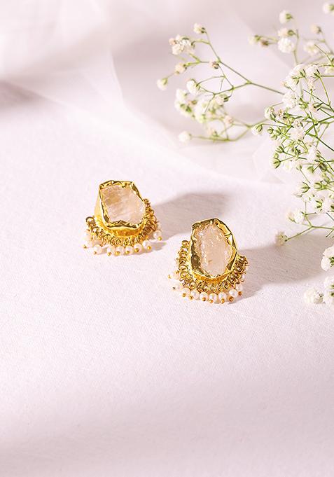 Gold Finish Rose Quartz Stone Stud Earrings 