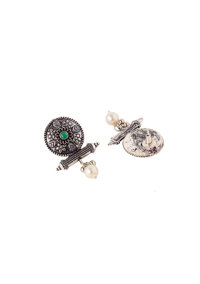 Vintage Bollywood Peacock Necklace & Earrings Set - Oxidized Silver & Faux Pearl Indian Ethnic Jewelry For Women - View #6