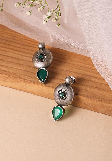 Silver Oxidized Green Stone Tribal Dangler Earrings 