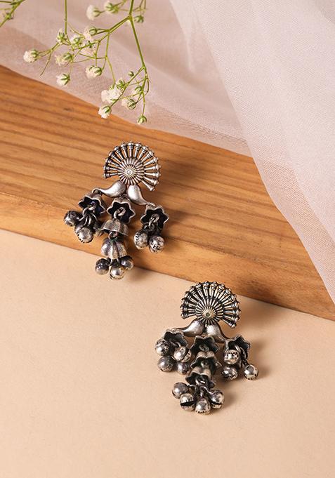 Silver Oxidized Floral Ghungroo Dangler Earrings 