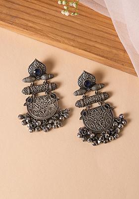 Silver Oxidized Blue Stone Tribal Dangler Earrings