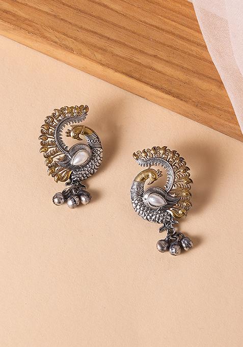 Silver Oxidized Dual Toned Peacock Stud Earrings