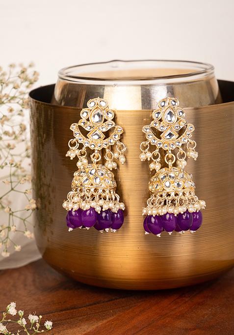 Gold Finish Kundan And Purple Bead Floral Jhumka Earrings