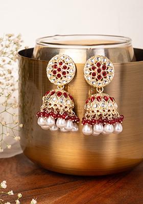 Gold Finish Kundan And Red Stone Jhumka Earrings