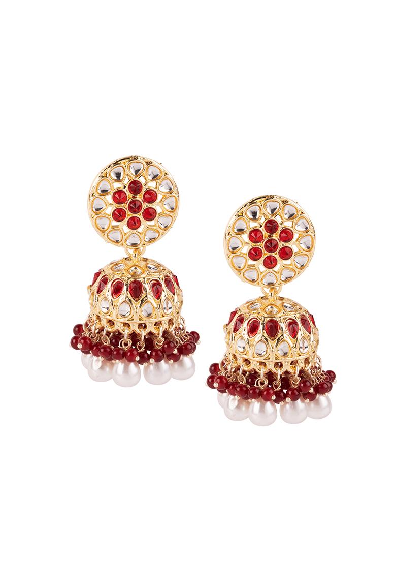 Red Stone Studded Pearl Dangling Classic Jhumka Earrings - Etsy