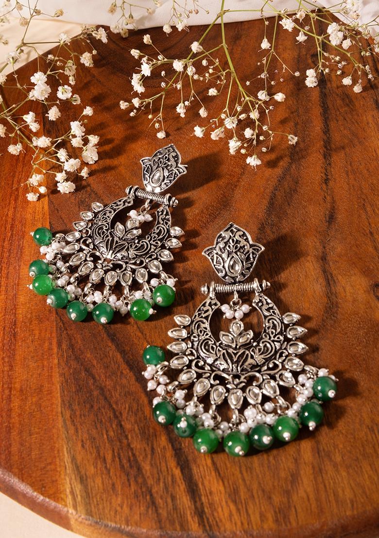 Women's Oxidized Chandbali Earrings in Silver and Maroon - Karmaplace