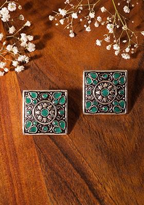 Silver Oxidised Green Stone Square Stud Earrings