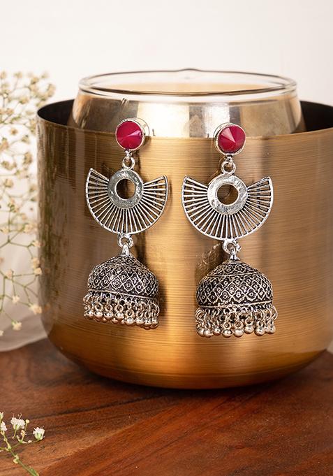Silver Oxidised Red Stone Jhumka Earrings