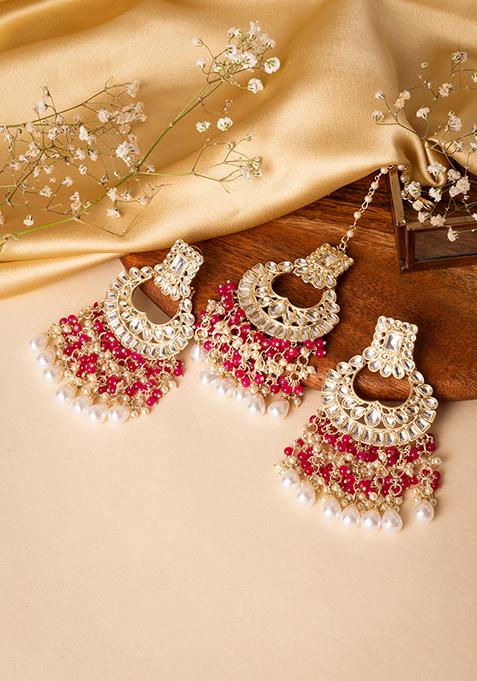 Gold Finish Kundan White And Red Bead Chandbali Earrings With Maangtika