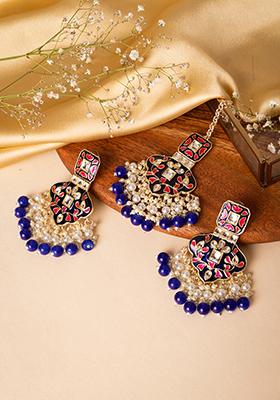 Gold Finish Meenakari And Purple Bead Chandbali Earrings With Maangtika