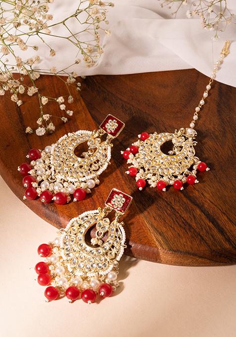 Gold Finish Kundan And Red Bead Chandbali Earrings With Maangtika