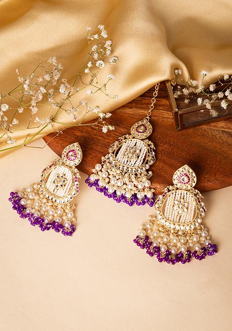Gold Finish Kundan And Purple Bead Chandbali Earrings With Maangtika