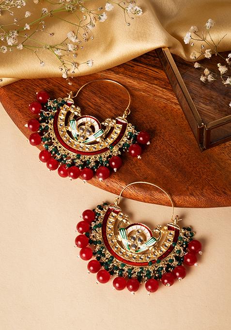 Gold Finish Kundan Green And Red Bead Chandbali Earrings