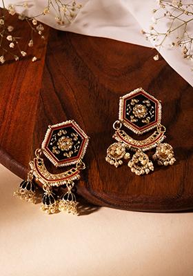 Gold Finish Meenakari Black Dangler Earrings