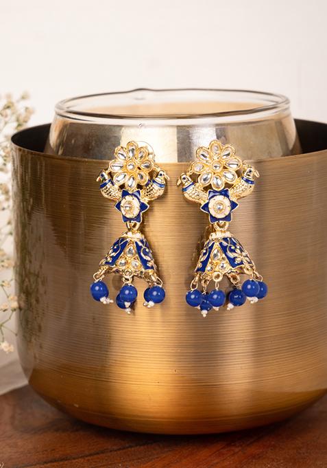Gold Finish Kundan And Blue Bead Floral Jhumka Earrings