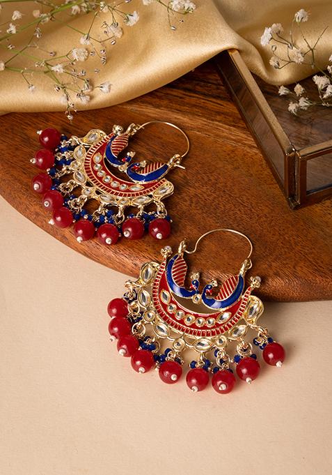 Gold Finish Meenakari And Turquoise Bead Chandbali Earrings