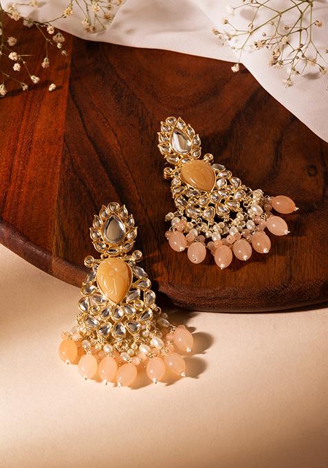 Gold Finish Kundan And Peach Stone Chandbali Earrings