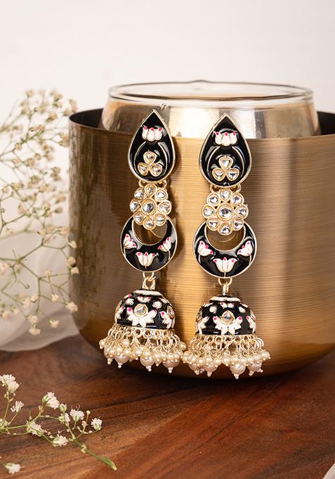 Gold Finish Meenakari And White Bead Floral Dangler Earrings