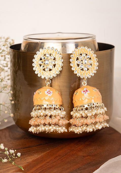 Gold Finish Meenakari And Peach Bead Jhumka Earrings