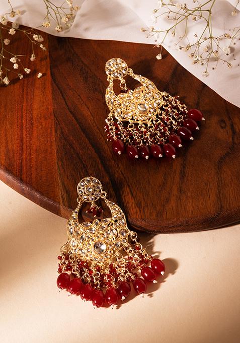 Gold Finish Kundan And Red Bead Chandbali Earrings