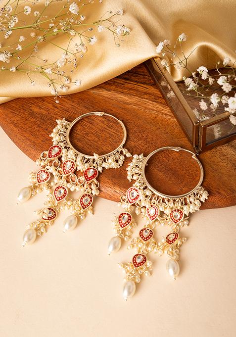 Gold Finish Meenakari And White Bead Dangler Earrings