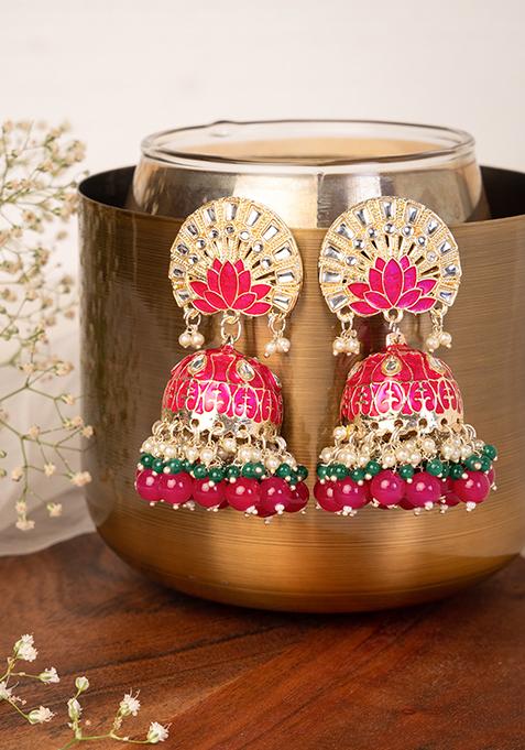 Gold Finish Meenakari Green And Pink Bead Jhumka Earrings