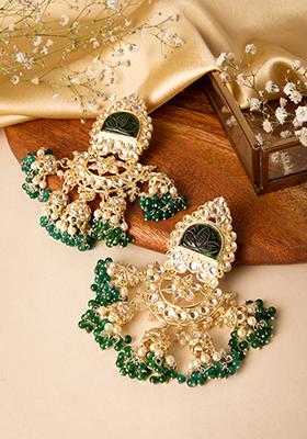 Gold Finish Dark Green Stone Chandbali Earrings