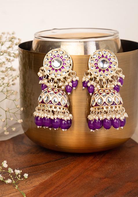 Gold Finish Kundan And Purple Bead Jhumka Earrings