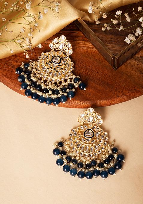 Gold Finish Kundan And Blue Bead Chandbali Earrings